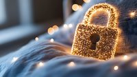 Glowing golden padlock with sparkles and bokeh lights on soft blue fabric texture, symbolizing digital security and data protection in modern technology.