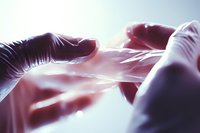 Medical professional in latex gloves stretches protective nitrile material in dramatic lighting, creating abstract shapes and shadows. Healthcare concept.