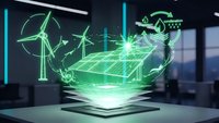 Futuristic holographic display showcasing renewable energy technologies with wind turbines, solar panels and green power symbols in modern office.