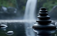 Balanced black zen stones stacked on water surface with blurred waterfall background creating peaceful spa and meditation atmosphere.