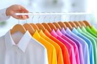 Rainbow colored shirts arranged in spectrum order on wooden hangers, with white shirt in front. Clean, organized closet display shows vibrant fashion gradient.