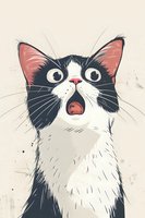 Surprised black and white cat with big eyes and open mouth on beige background, artistic illustration style with textured details and whiskers. For pet-related designs.
