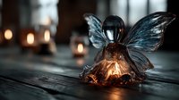Glass angel figurine with illuminated wings glowing warmly on wooden surface with soft candlelight bokeh background creating peaceful spiritual atmosphere.