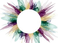 Watercolor sunburst frame with purple, green and gold brushstrokes radiating from white circle center on transparent background for design projects.