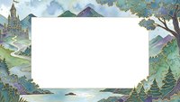 Fairy tale landscape frame with castle, mountains, forest and lake creating magical border for text or design projects.
