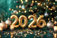 Gold foil balloons forming number 2026 with Christmas decorations, glowing candles and bokeh lights against dark green background with festive sparkles.