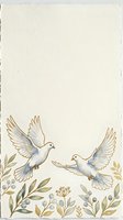 Two white doves with golden wings fly among olive branches and berries on cream background, isolated design for wedding invitations, greeting cards, and decorative projects.
