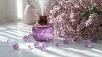 Purple glass perfume bottle with amethyst crystals and delicate pink flowers in soft window light, creating romantic spa atmosphere and natural shadows.