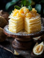 Layered crepe cake with durian fruit and powdered sugar on wooden cake stand. Fresh mint leaves garnish. Dark moody food photography style with natural lighting.