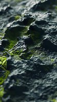 Dramatic macro shot of dark volcanic rock texture with bright green moss growing in crevices, creating natural contrast and organic patterns. Suitable for nature backgrounds.