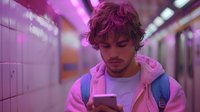 Young man with curly hair checking smartphone in neon-lit subway tunnel, wearing pink hoodie and backpack. Purple and pink urban lighting creates moody atmosphere.