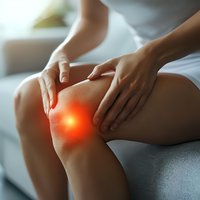 Person holding painful knee with red inflammation highlight shown. Close up view of joint discomfort and chronic pain visualization for medical concepts.