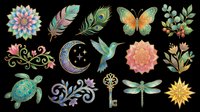 Botanical and nature design elements collection featuring colorful mandala flower, decorative feathers, hummingbird, butterfly, turtle, dragonfly, ornamental key, and floral motifs isolated on transparent background for t-shirt design, clipart, stickers, and print-on-demand projects.