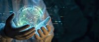 Hands holding glowing digital globe with circuit patterns and data streams, representing global technology, artificial intelligence, and worldwide connectivity for business solutions.