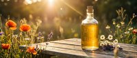 Golden honey jar on rustic wooden table surrounded by wildflowers in warm sunlight for natural organic food and wellness concepts.