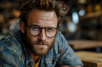 Confident bearded Caucasian man in glasses and denim jacket looking at camera with intense gaze against blurred cafe background. Professional headshot portrait in warm tones.