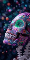 Colorful sugar skull with psychedelic floral patterns and ornate details against dark bokeh background. Vibrant neon pink, purple, and turquoise decorative elements create magical mood.