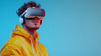 Young man in yellow hoodie wearing virtual reality headset and headphones against blue background, modern technology lifestyle concept.