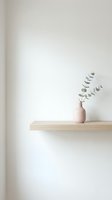 Minimalist wooden shelf with pink ceramic vase holding eucalyptus branches against white wall, ideal for home decor and interior design projects.