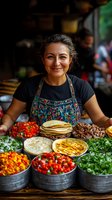 Middle-aged Hispanic female chef smiling behind fresh taco ingredients display with colorful peppers, tomatoes, herbs, tortillas and meat on rustic wooden counter in restaurant.