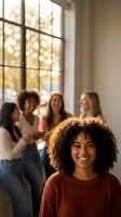 Happy young African American woman smiling at camera with diverse female friends chatting in bright modern room with large windows during golden hour.