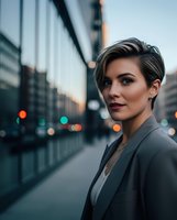 Professional young businesswoman with short hair in gray suit standing on urban city street at dusk with blurred lights and modern buildings in background.