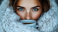 Young woman with striking blue eyes peering over coffee cup, wrapped in cozy gray faux fur coat, creating intimate winter morning atmosphere.