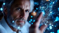 Senior Caucasian male scientist with gray beard analyzing digital data visualization, touching holographic interface against blue bokeh background.