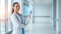 Asian female doctor in white coat with stethoscope presenting holographic medical data display in modern hospital corridor for healthcare technology.