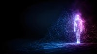 Glowing human silhouette made of light particles and energy waves stands against dark background with blue and purple neon illumination creating futuristic atmosphere.
