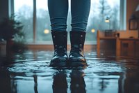 Standing in black combat boots and skinny jeans on flooded floor with water reflection, moody indoor scene with window and soft lights in background.