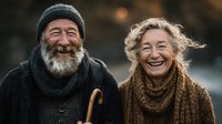 Happy elderly couple laughing together outdoors in winter clothing, showing joy and companionship in their golden years with warm smiles and cozy sweaters.