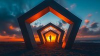 Silhouette of person standing in geometric tunnel structure against dramatic sunset sky and ocean horizon, orange and teal color scheme creates surreal atmosphere.