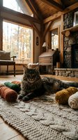 Tabby cat lounging on knitted rug surrounded by yarn balls in rustic cabin interior with wooden beams, fireplace and autumn forest view through windows. Cozy home setting.