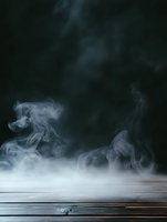 Ethereal white smoke rising from wooden surface against dark background creates mysterious atmospheric mood. Suitable for product photography backdrop.