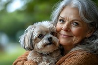 Senior woman with silver hair wearing brown sweater embraces small fluffy Shih Tzu dog outdoors, sharing tender moment against blurred natural background.