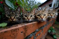 Four curious tabby cats peeking over rustic terracotta garden wall, faces aligned in row with alert expressions and wide eyes against green foliage background.