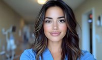 Young Hispanic female healthcare professional in blue scrubs smiling confidently in hospital corridor, representing medical care and nursing profession.