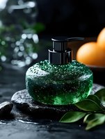 Luxury green gel soap dispenser with bubbles on dark stone surface surrounded by fresh leaves and orange fruits for spa and wellness concepts.