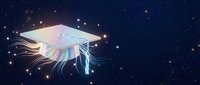 Glowing jellyfish floating in deep space with flowing tentacles against starry night sky background for fantasy and science fiction designs.