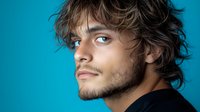 Young Latino male model with tousled brown hair and facial hair poses against vibrant turquoise background, wearing black shirt, showing confident expression in studio lighting.