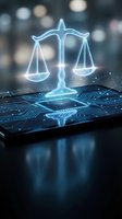 Digital justice scales hologram emerging from smartphone with circuit board patterns representing legal technology and law firm innovation concepts.