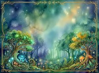 Enchanted forest landscape with glowing trees, magical woodland scene with luminous foliage and mystical atmosphere, fantasy nature artwork for design projects.