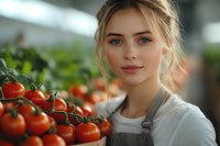 Young female farmer in gray apron holding fresh ripe cherry tomatoes on vine, soft natural lighting creates warm atmosphere in greenhouse setting.