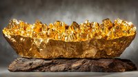 Raw crystalline gold nugget formation on dark stone base with dramatic lighting showcasing metallic luster and natural mineral structure against smoky background.