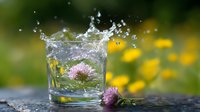Glass of water with pink clover flower creating splash and water drops against blurred summer meadow background with yellow wildflowers, refreshing drink concept.