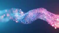 Glowing fiber optic wave with pink and blue light particles flowing in dark background, modern technology and digital communication concept.