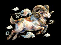 Ornate ram with curved horns leaping through decorative clouds, featuring intricate gold and blue patterns. Isolated on transparent background, ready for t-shirts, stickers, clipart, sublimation and print-on-demand designs.