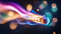 Glowing fiber optic cable with vibrant neon light trails in purple, blue, and gold against blurred bokeh background. Use for tech, communication, and digital innovation concepts.
