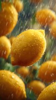 Fresh lemons with water droplets falling in rain, vibrant yellow citrus fruits with textured skin against blurred green background for food and beverage marketing.